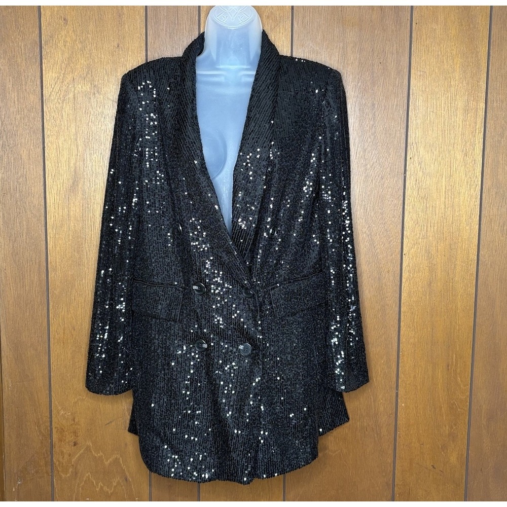 CeCe Blazer Women's 8 Black Sequin Double Breasted Glam Party Holiday Cocktail